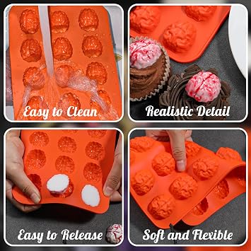 Webake Brain Chocolate Mold, Bite Size Halloween Brain Silicone Molds 15-Cavity for Halloween Chocolate, Candy, Jello, Cupcake, Treats, Pack of 2