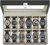 SONGMICS Watch Box, 12-Slot Watch Case with Large Glass Lid, Removable Watch Pillows, Watch Box Organizer, Gift for Loved Ones, Black Synthetic Leather, Greenish Beige Lining UJWB12BE
