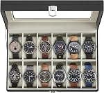 SONGMICS Boîte à montres, 6-Slot Organisateur de boîtier avec grand couvercle en verre, Oreillers amovibles, Cadeau pour les amoureux, Cuir synthétique noir, Doublure gris verdâtre UJWB06BK