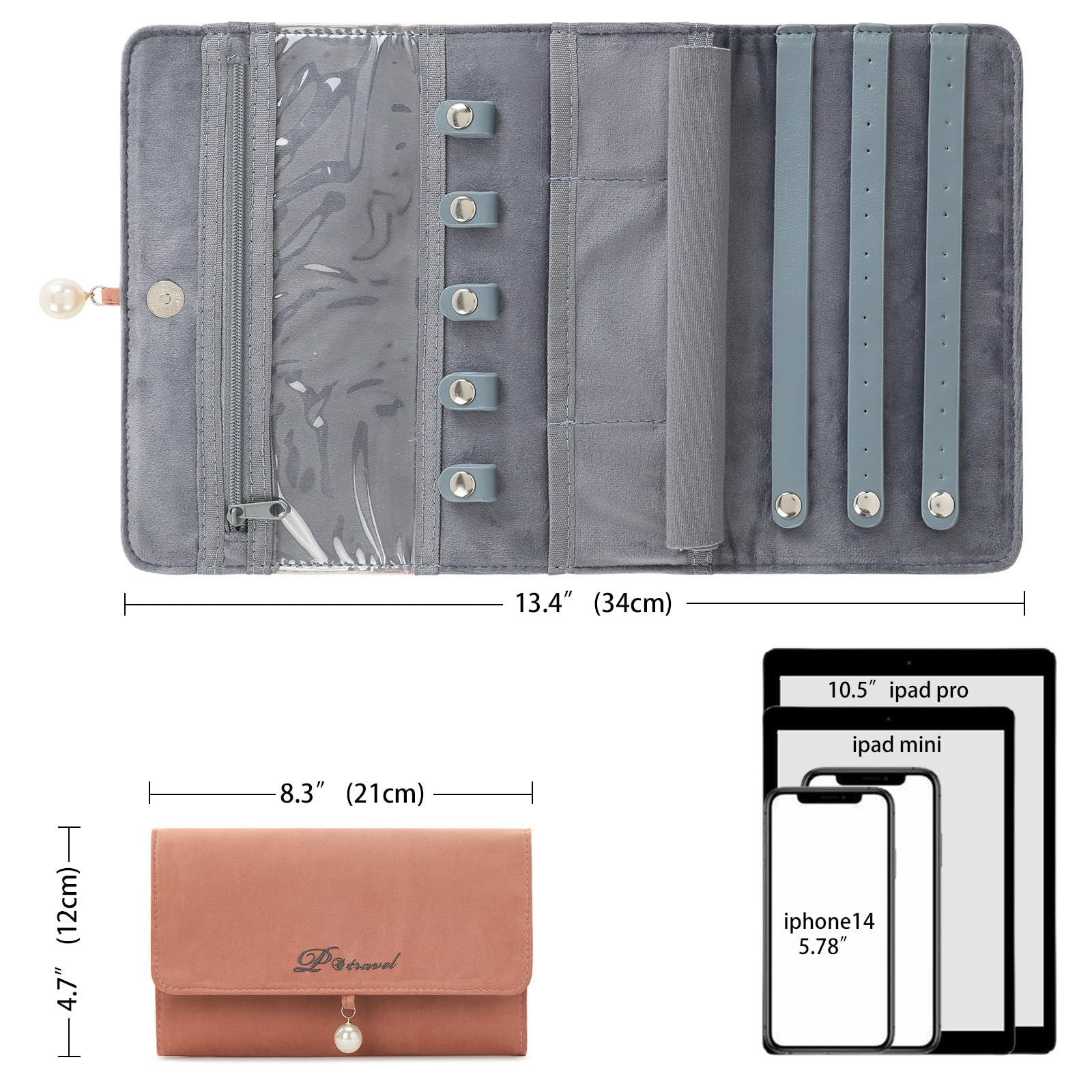 VanFn Rouleaux de bijoux, rouleau de rangement de bijoux de voyage, étui à bijoux pliable, sac de rangement de bijoux pour femmes pour bagues de voyage, colliers, boucles d'oreilles, bracelets