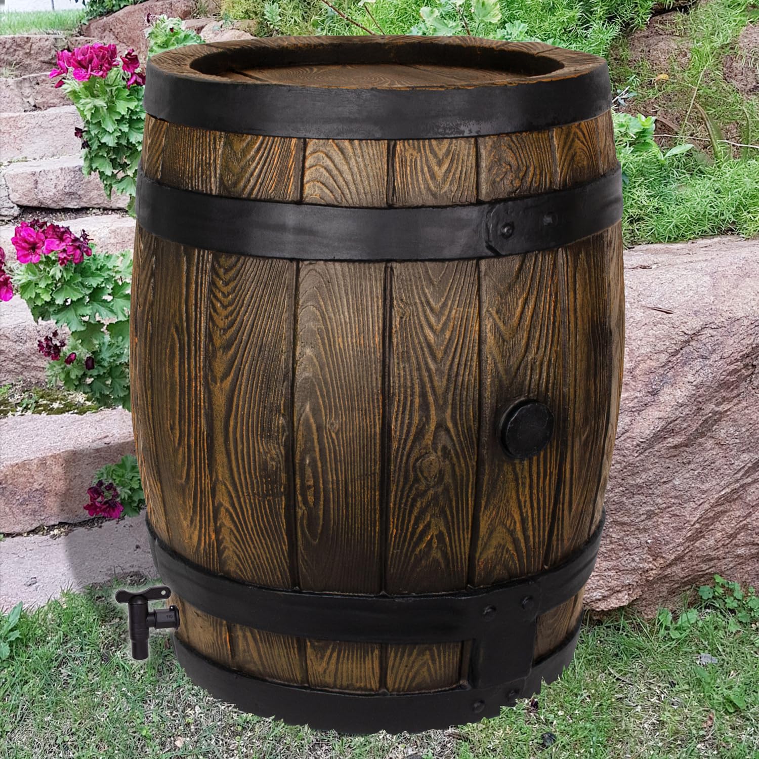 Regentonne Eichenfass 120l Regenfass Wasserfass Regenwassertonne Wassertonne Gartenfass für Regenwasser u.v.m. in Holz-Optik aus robustem PE-Kunststoff
