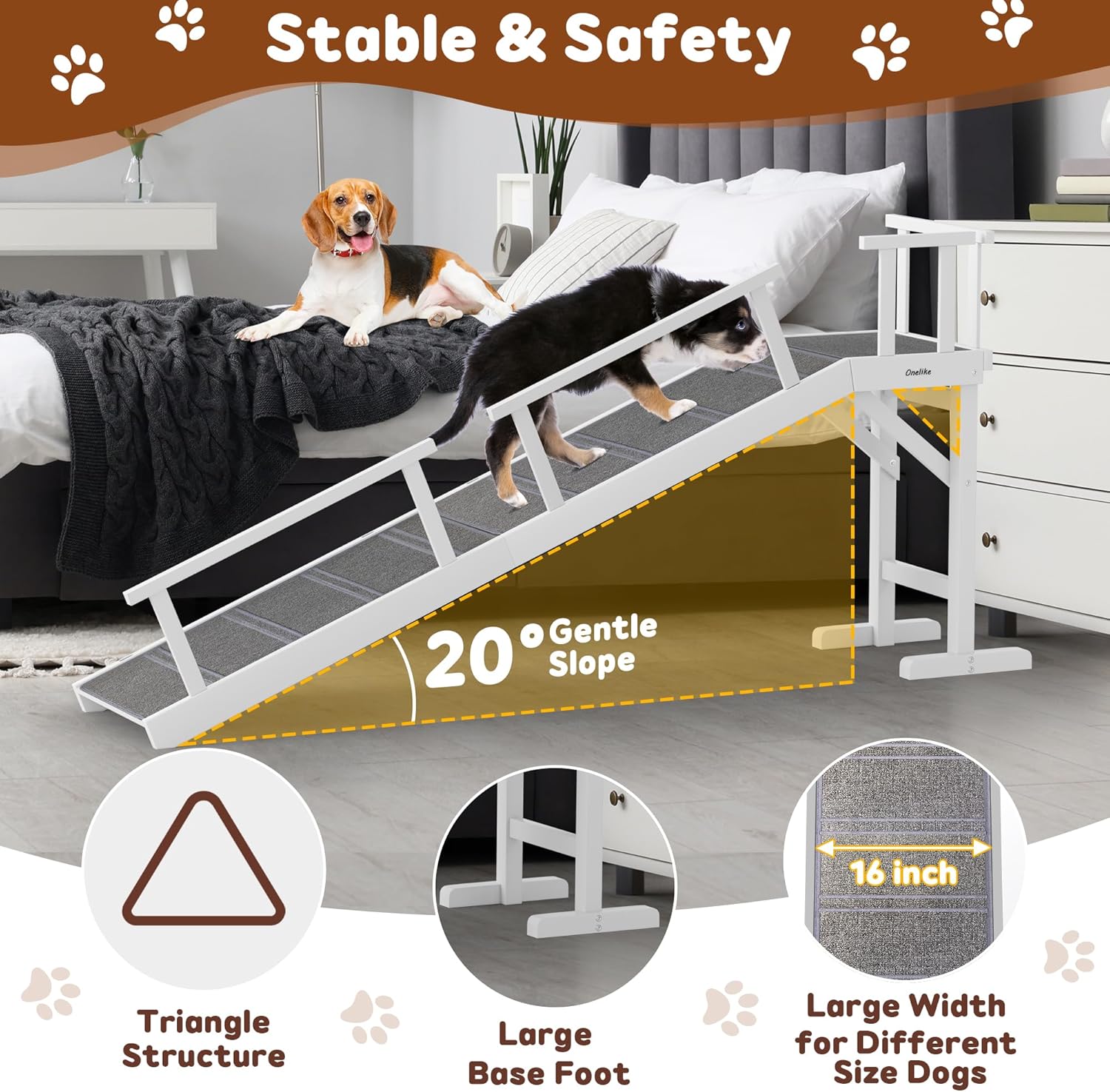 Onelike Wooden Dog Ramp for Bed with Removable Side Rail and Non-Slip Carpet, Stable Pet Ramp Stair for Couch Sofa for Small & Large & Senior Dogs, 74" Long Ramp White