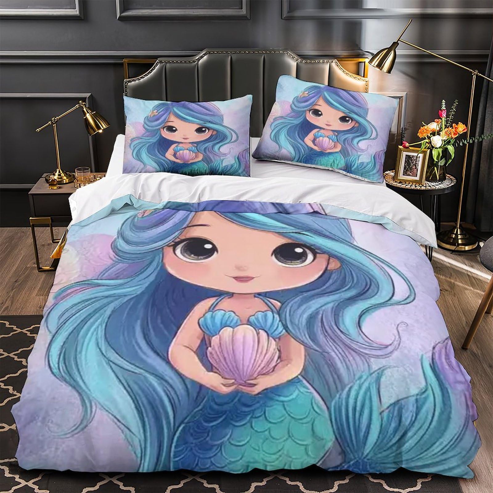 Housse de couette sirène 140x200 en microfibre hypoallergénique avec taie d'oreiller lit enfant