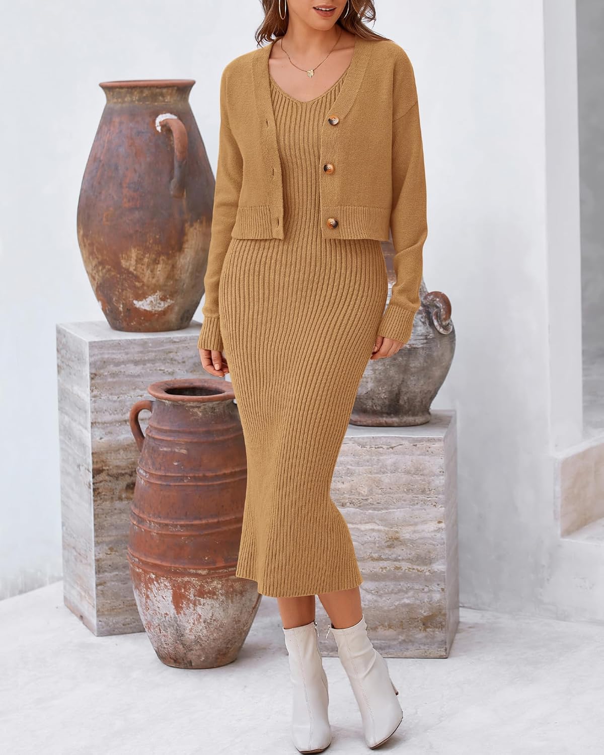BTFBM Women Fall Knit Sweater Dress Set Bodycon Slit Midi Dresses Button Down Long Sleeve Cropped Cardigan 2 Piece Sets - Image 6