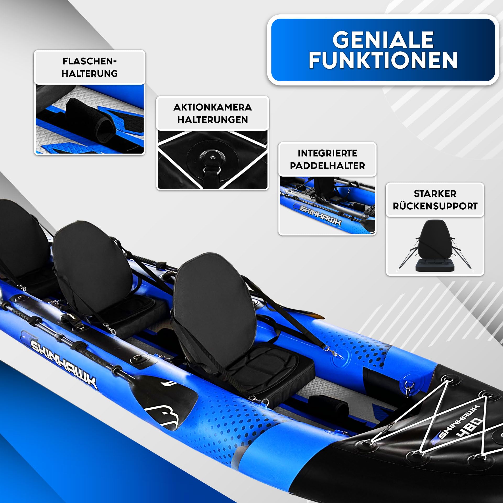 SKINHAWK Exclusiv Blau Kajak Set 480 – Schlauchboot – Kanu - 480 x 96 cm - 3 Personen Kajak
