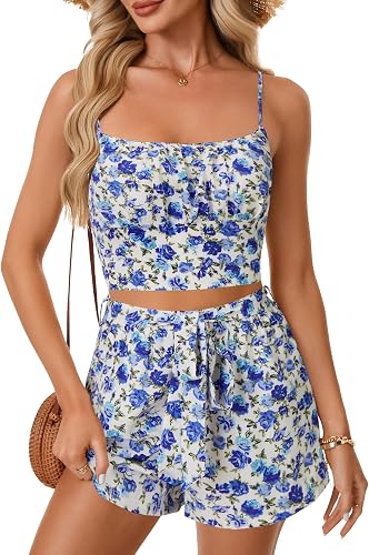 Vrtige Women's Two Piece Outfit Floral Print Crop Cami Top and Bow Tie Short Set
