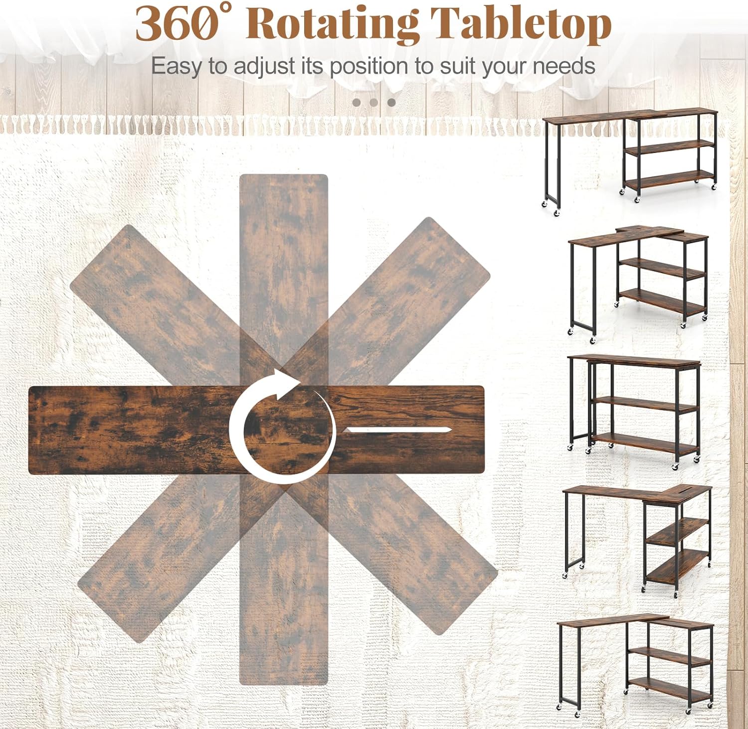 Diagram showing the 360 degree rotation capabilities of the table top