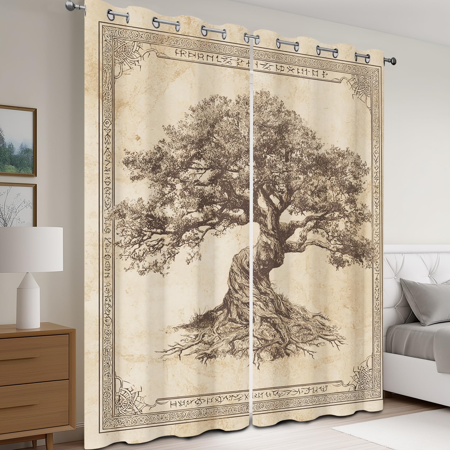 Generisch Wikinger Keltisch Vorhänge Blickdicht, Baum des Lebens Gardinen mit Ösen für Wohnzimmer Schlafzimmer, Thermovorhang Kälteschutz Fenster 2er Set H 183 x B 117 - Sd&K357