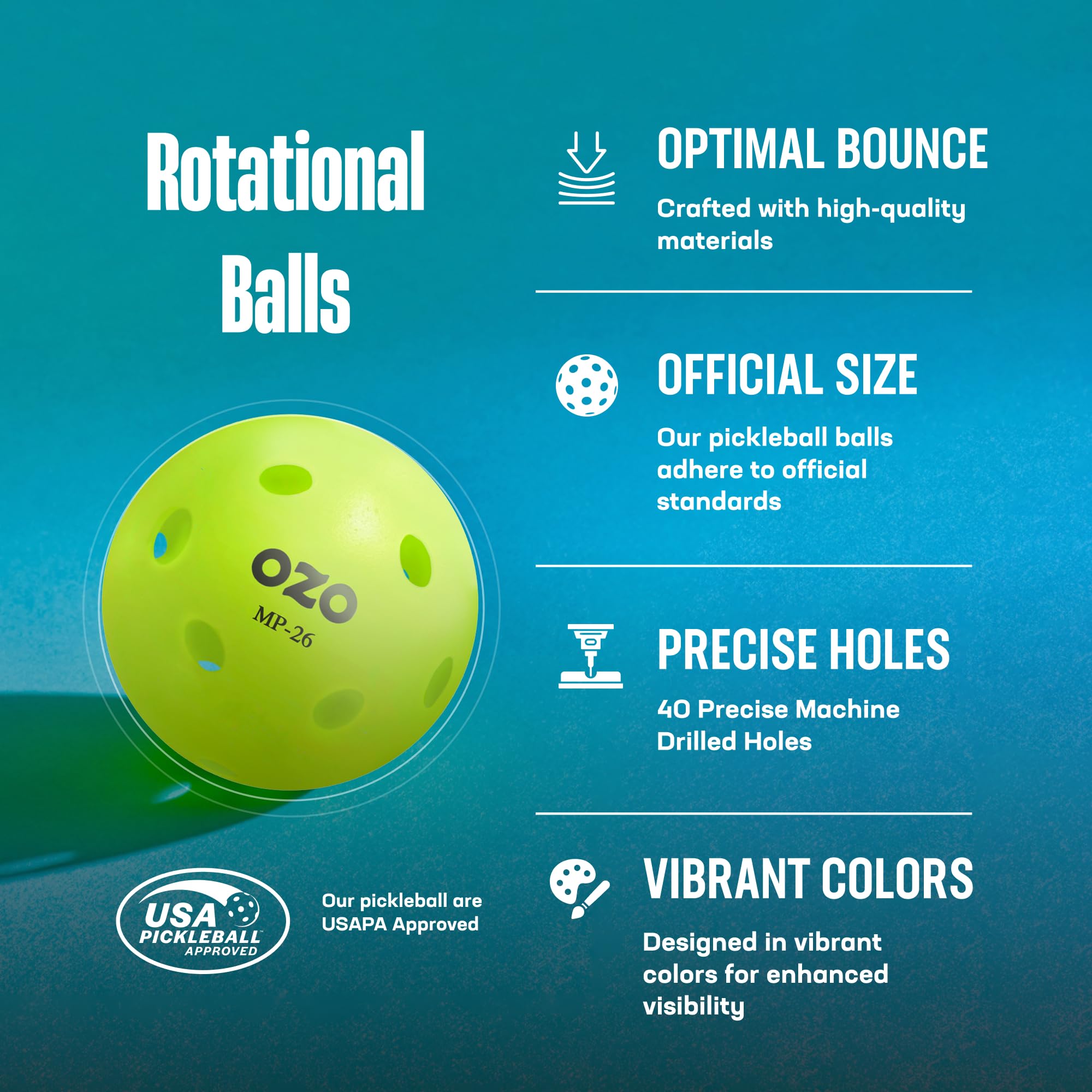 OZO Pickleball - Lot de 12 Balles d'Intérieur, 26 Trous, Moulage par Rotation, Neon Green