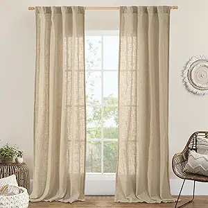 LAMIT Brown Linen Curtains 84 inch Length 2 Panels, Light Filtering Semi Sheer Panels Back Tab and Rod Pocket Boho Neutral Drapes for Bedroom/Living Room, 34 x 84 Inch