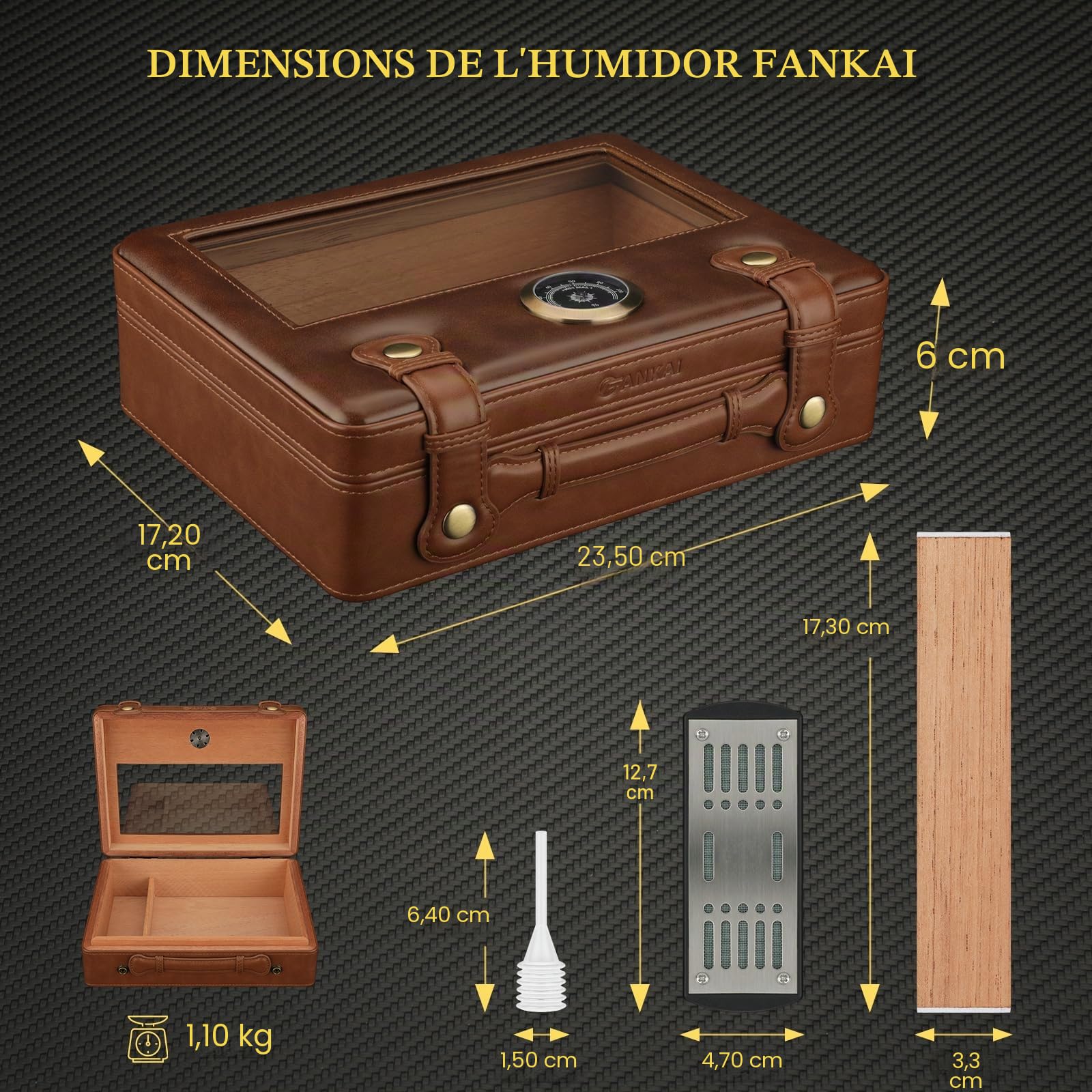 Cave à cigares, Accessoires de Voyage, boîte à cigares Portable avec Couvercle en Verre, hygromètre et humidificateur, Doublure en Bois de cèdre, Grande Cave à cigares
