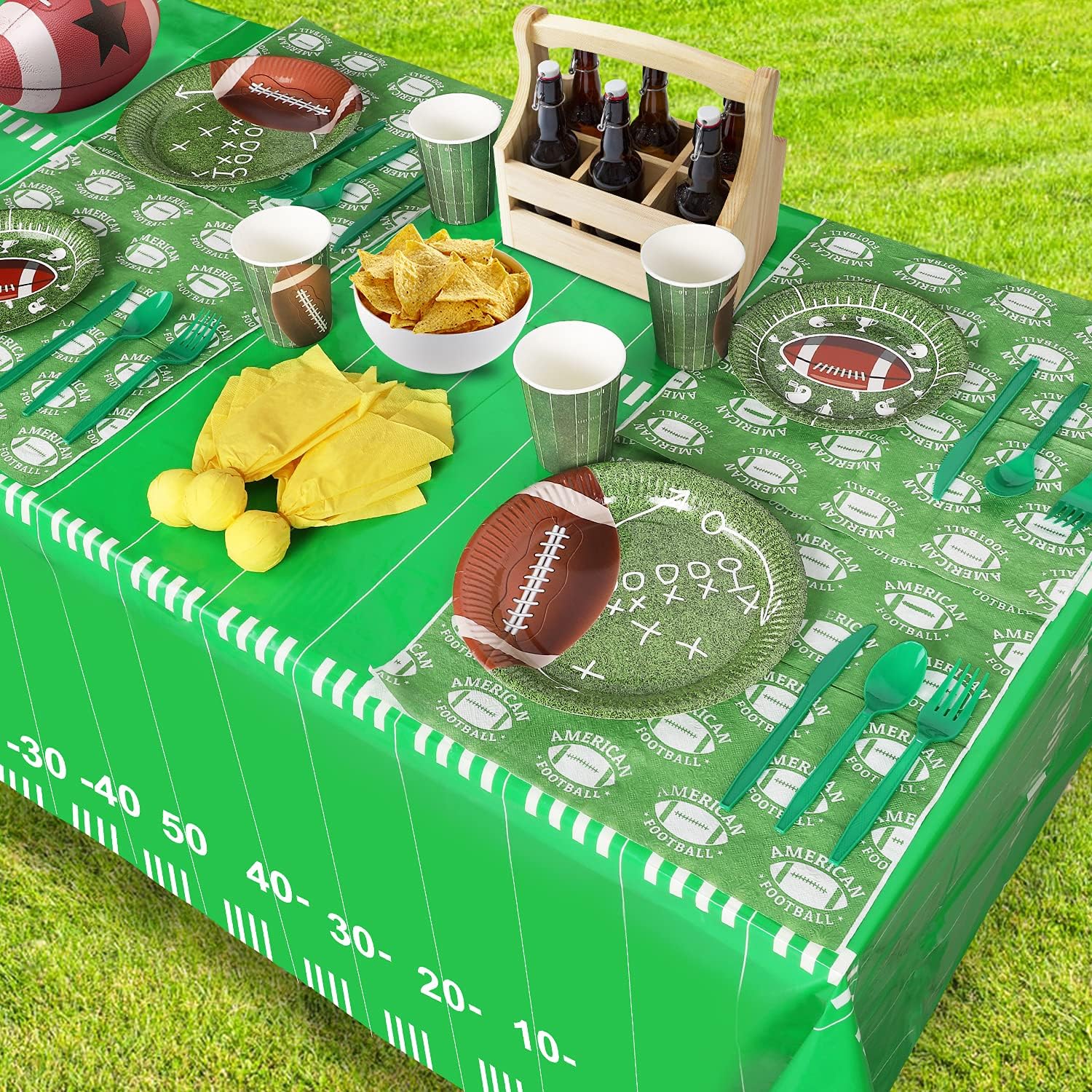 Football Party Supplies and Decorations Set-Serves 24 Include Tablecloth,Plates, Flatware, Cups and Football Flag Paper Napkins,Hanging Swirl,Banner,Balloons for Football Party - Image 5