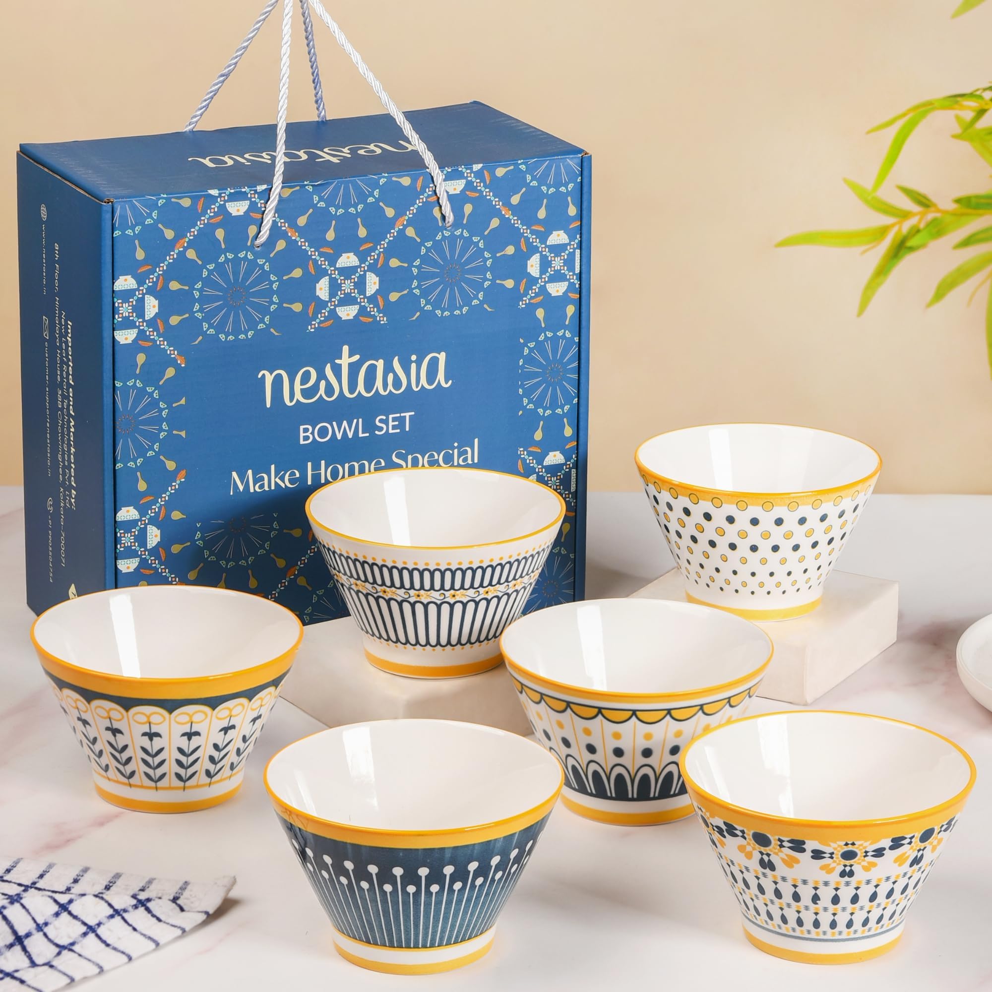 Nestasia Set of 6 Multicolor Aloha Ceramic Ramen Bowls for Serving Noodles, Ramen, Snacks, Soups, or