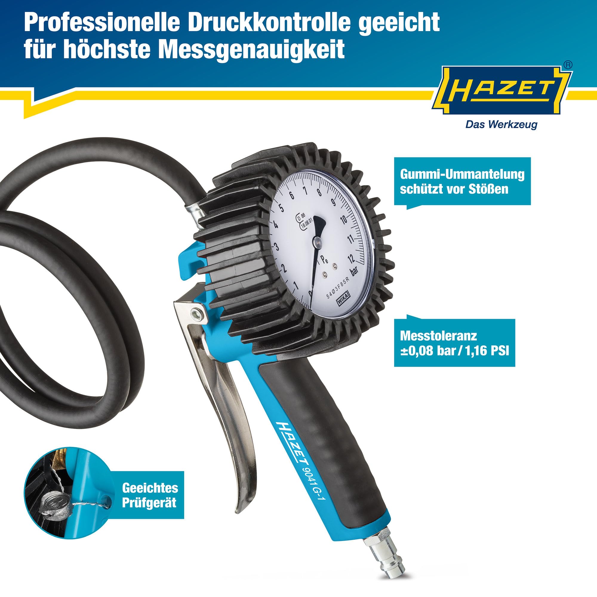 Hazet 9041G-1 Reifenfüll Messgerät, Geeicht, Ablesbar, Manometer Messbereich, 0 bis 10 Bar, Schlauchlänge, 1000 Mm, Durchmesser, 80 Mm, 1 Count
