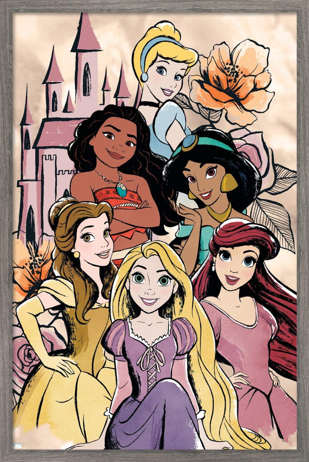 Trends International Disney Ultimate Princess Celebration-Castle Group Wall Poster, 22.375" x 34", Barnwood Framed Version