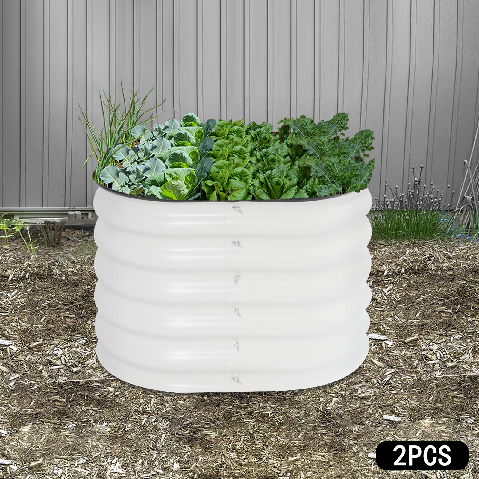 Juego de 2 camas elevadas redondas con guantes y cubierta de goma, jardineras elevadas para exteriores, aptas para el cultivo de verduras, hierbas y flores en el jardín, 60 × 60 × 43 cm, color blanco