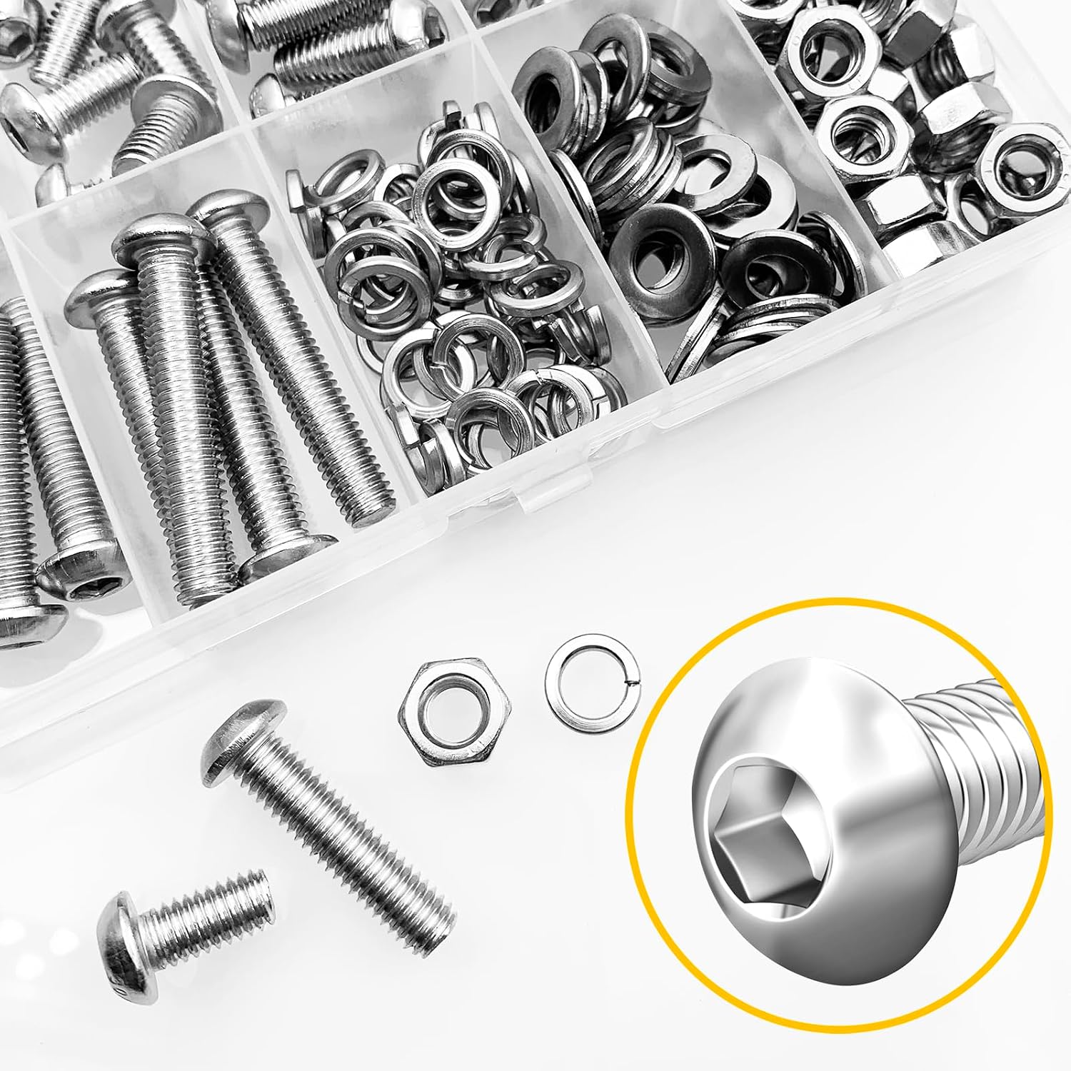 Mywish 159-Piece M6 Screw Assortment Kit - 304 Stainless Steel Button Head Socket Cap Metric Screws, Bolts, Washers, Nuts, Hex Wrenches M6*8/12/16/20/25/30/35mm