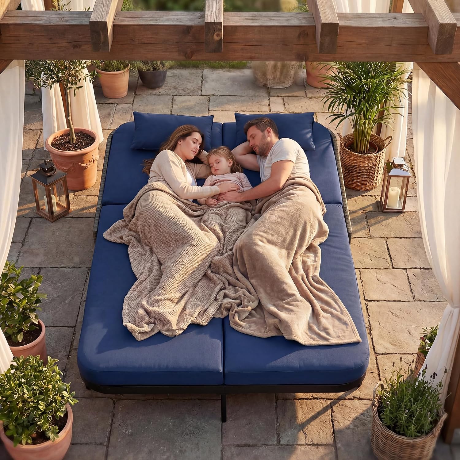 FINCATI Outdoor Double Chaise Lounge, 51.2" Wide 2-Person Pool Lounge Chairs with Dual Adjustable Backrests, Wicker Patio Daybed with Thick Cushions, 800 lbs Capacity Sunbed for Backyard, Navy Blue