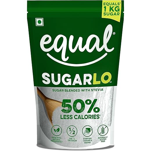 Equal SugarLo | Sugar Blended With Stevia 50% Less Calories | 500g | Pack of 1 | Equals to 1Kg of Sugar