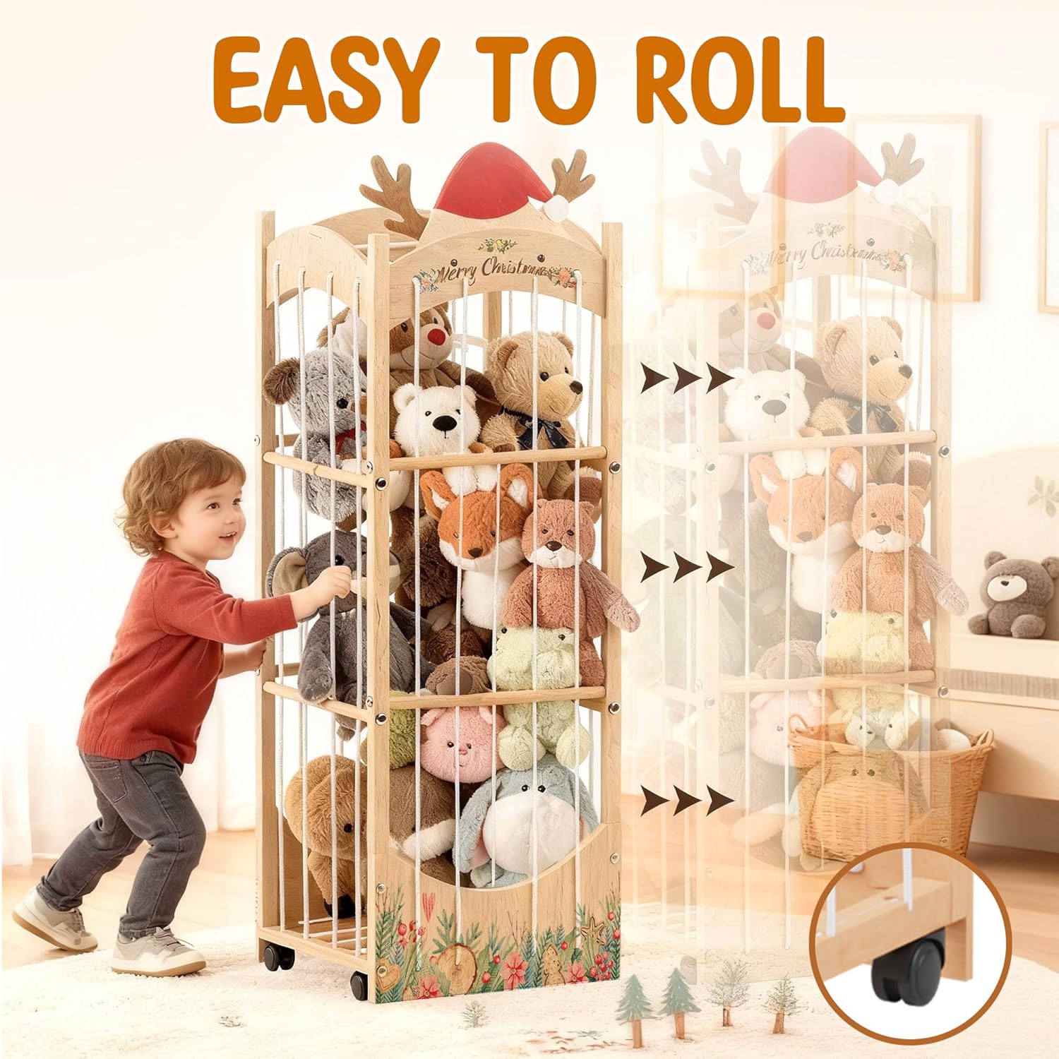 Stuffed Animal Storage and Organizer, Wooden Stuffed Animal Organizer with Elastic Cords, Christmas Themed Movable Toy Storage Rack with Wheels, Ideal for Nursery, Playroom and Kidroom - Image 5