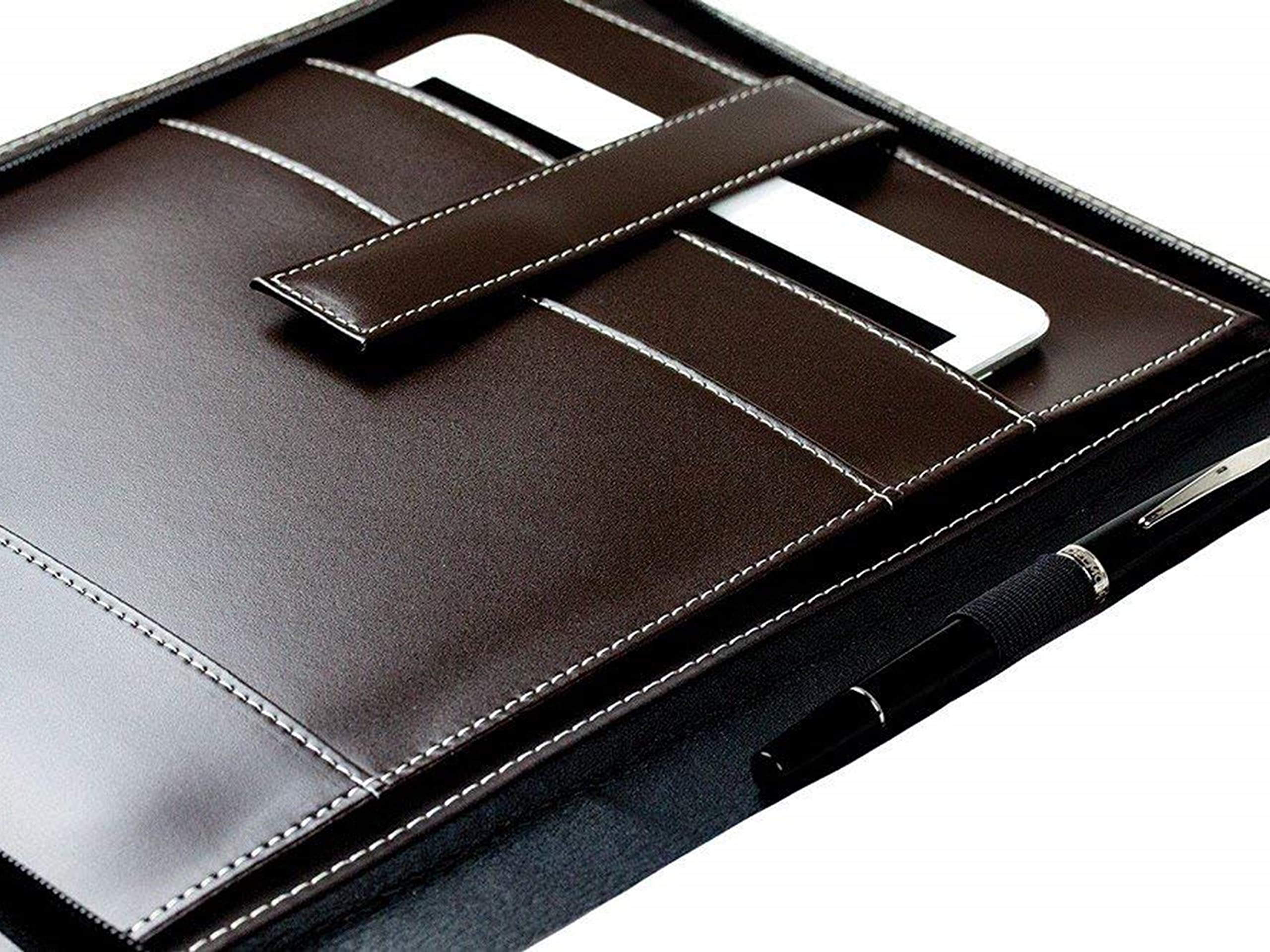 DELMON VARONE - Personalisierbare Tablet Schreibmappe DIN A4 aus Cambridge Top Grain Leder braun, Konferenzmappe mit Notizblock, Stiftschlaufe & Einsteckfächer, Besprechungsmappe mit Reißverschluss