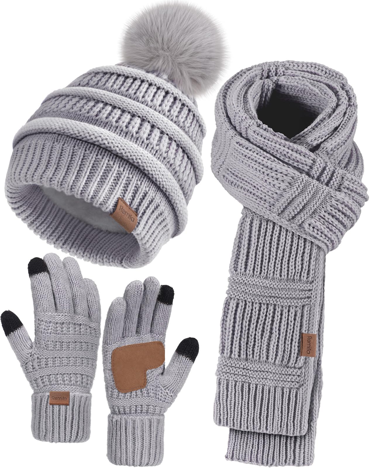 Winter Beanie Hat Scarf Gloves Set for Women, Slouchy Pom Pom Hat Long Knit Scarf Touchscreen Gloves Christmas Gifts-image-47