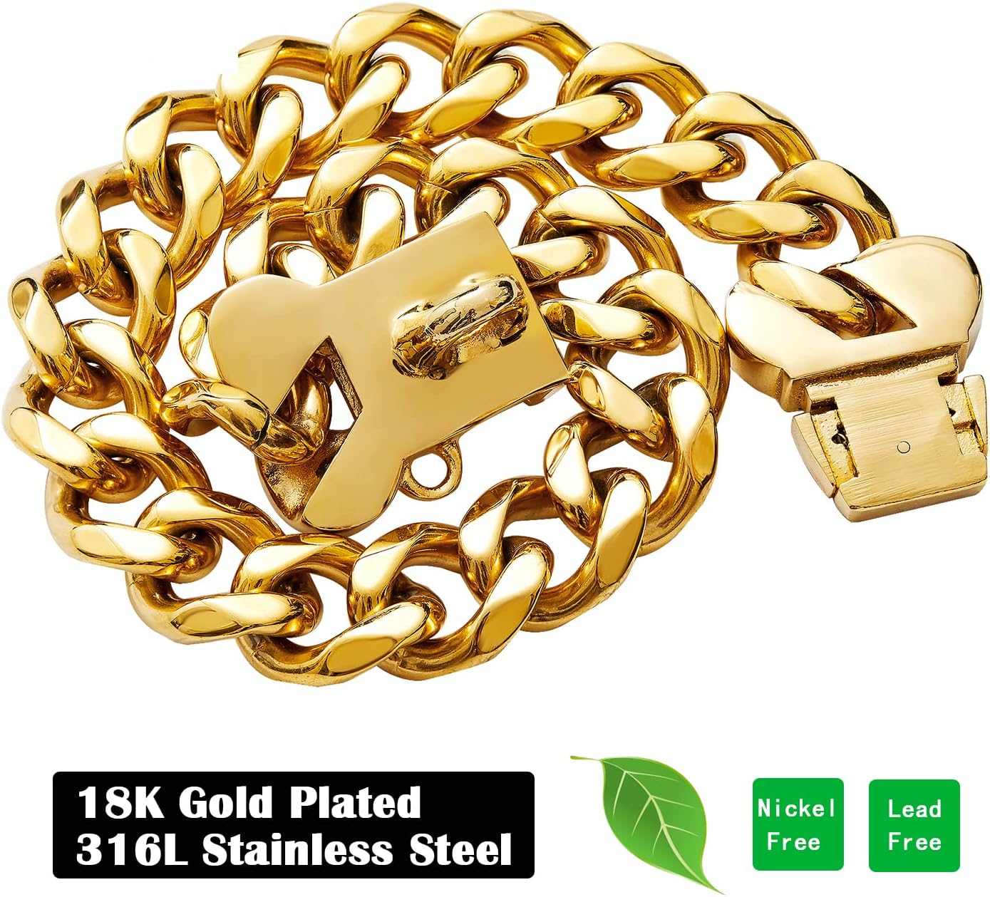 Bone Buckle Gold Dog Collar,18K Gold Plated Cuban Link Fashion Necklace Collar for Small and Medium Dogs(Long 14'',Width 0.75'')