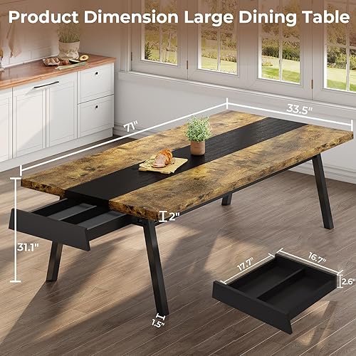 Miniatura 7 de Mesa de comedor para 6-8 personas, mesa de cocina de estilo industrial de madera con 2 cajones y estante de almacenamiento de metal, mesas de