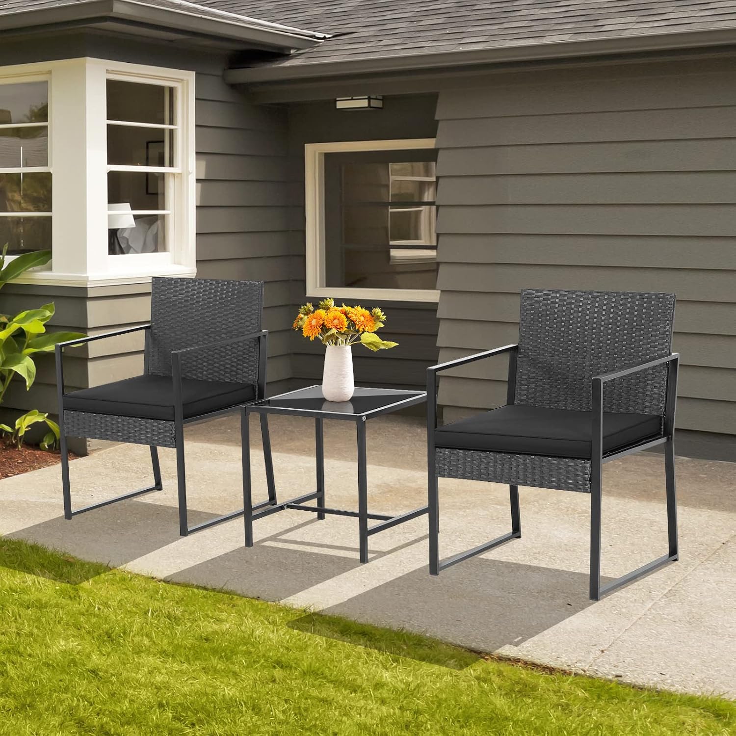COSTWAY 3 Pieces Patio Bistro Set, Outdoor Rattan Chair Sofa with Coffee Table, 2 Cushions, Wicker Conversation Set for Garden, Balcony, Backyard, Porch, Black