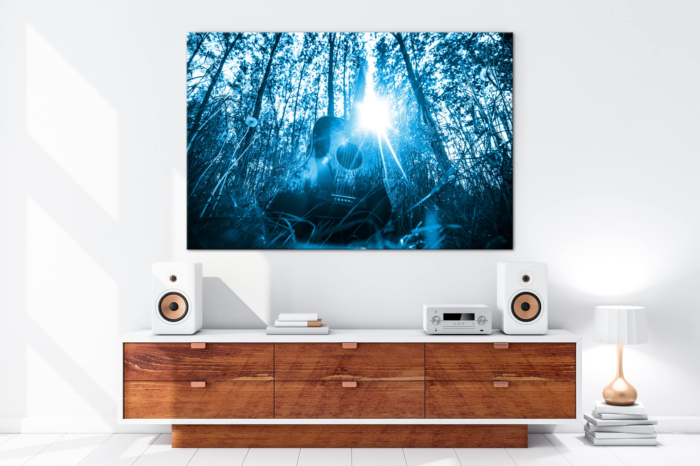 Chitarra Acustica Effetto Bosco idilliaco: Disegno su Tela incorniciata su Telaio in Vero Legno, Stampa Digitale di Alta qualità con Cornice, nessun Poster o Poster, Stampa su Tela, 100x70
