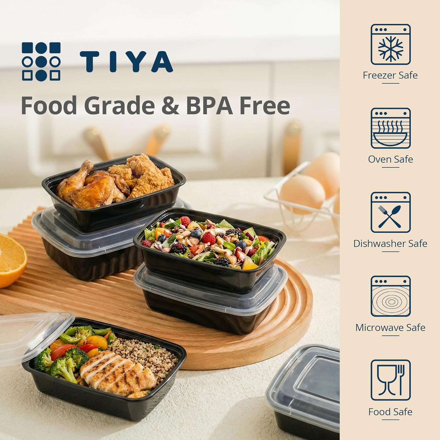 TIYA Food Containers - 28 oz Bulk 150 Pack with Lids - Rectangular Plastic To-Go Containers - Reusable, Microwavable, Dishwasher Safe - Leak-Proof for Meal Prep - BPA-Free