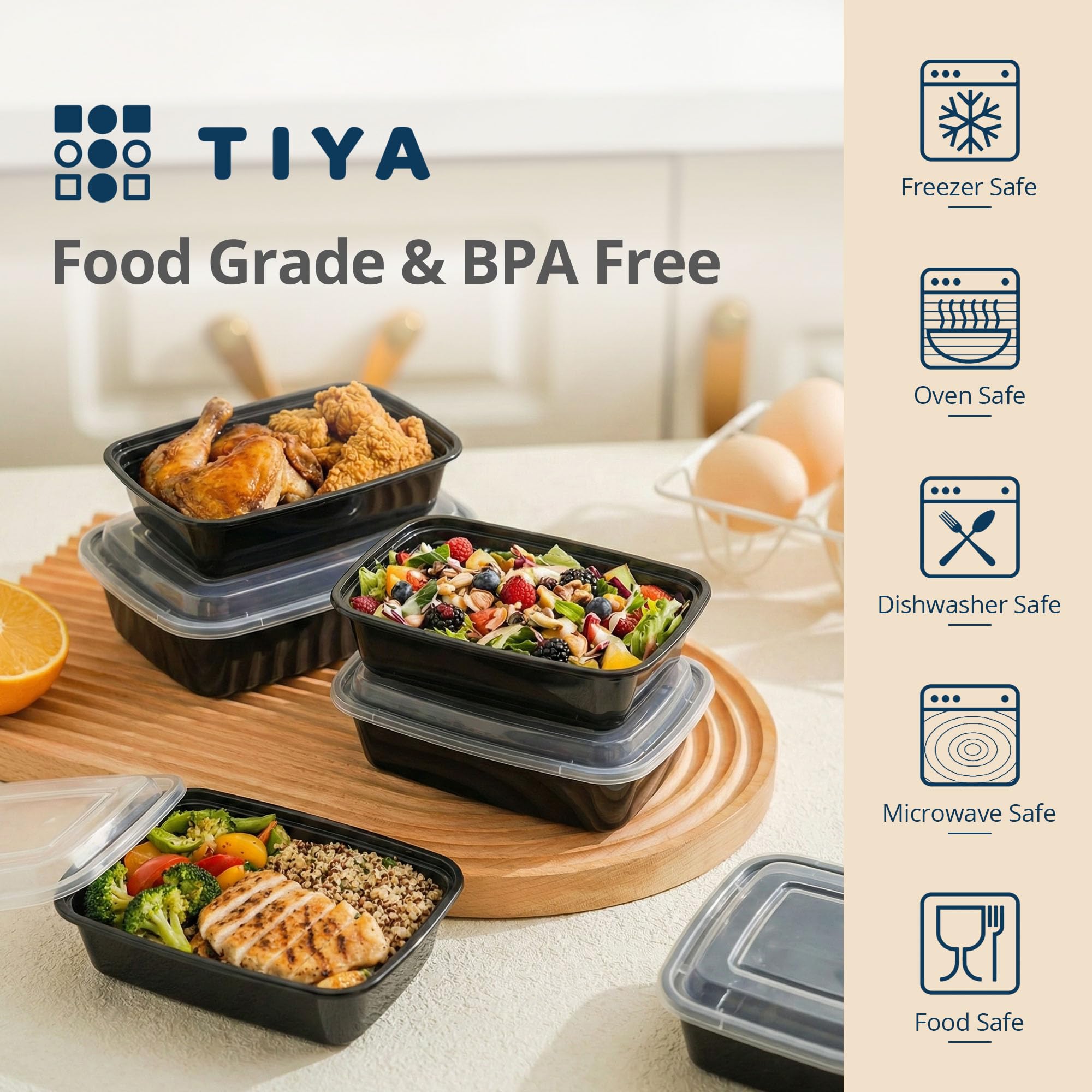 TIYA - Contenedores rectangulares de plástico para almacenamiento de alimentos, reutilizables, aptos para microondas, aptos para lavavajillas, a prueba de fugas, para llevar y preparar comidas (24