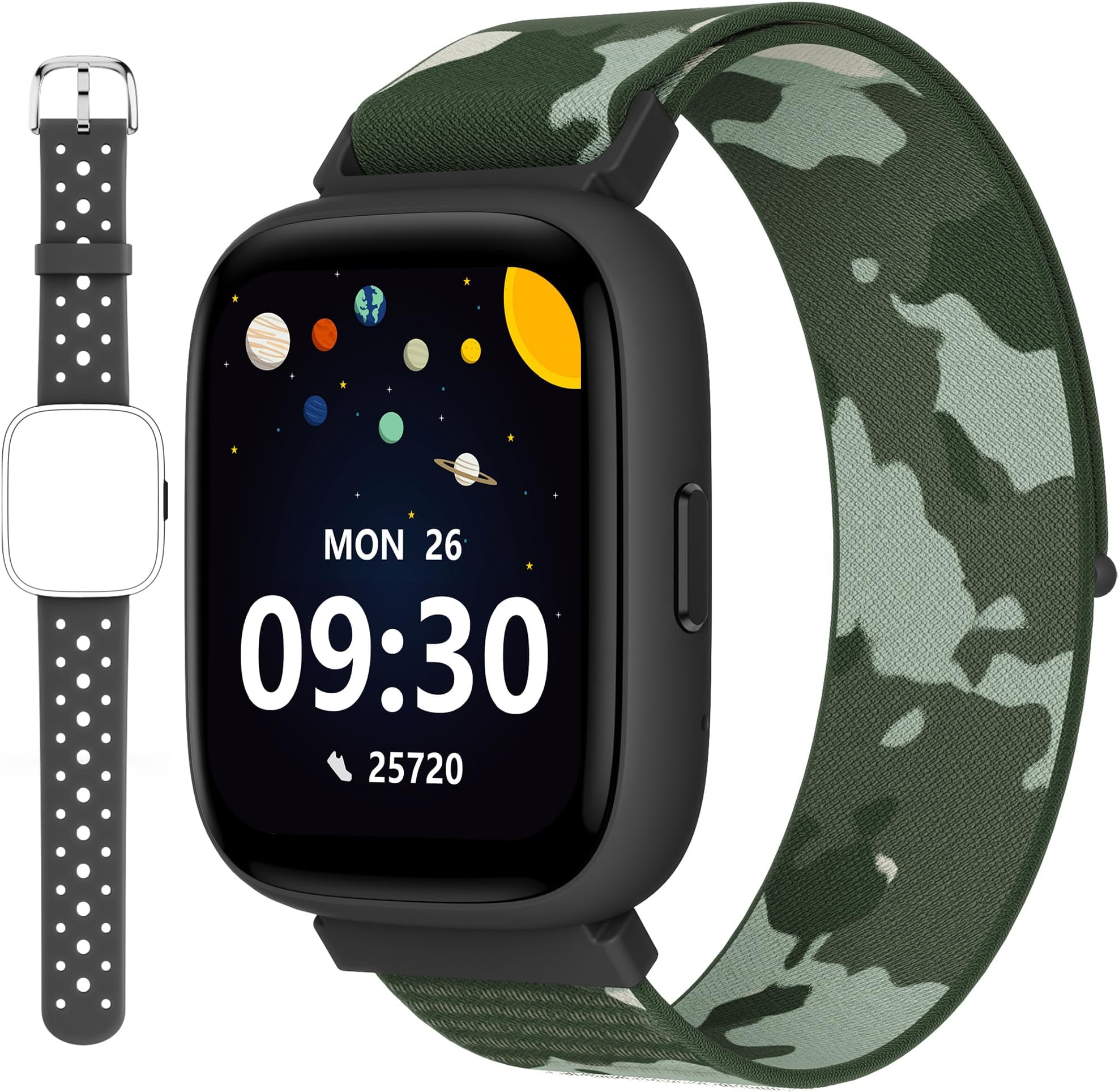 BIGGERFIVE Kids Smart Watch, 1.8" Fitness Watch Pedometer, Sleep Tracker, Heart Rate, IP68 Waterproof, Calorie Step Counter, Puzzle Games with/without APP for Girls Boys Teens 5-16, 2 Straps