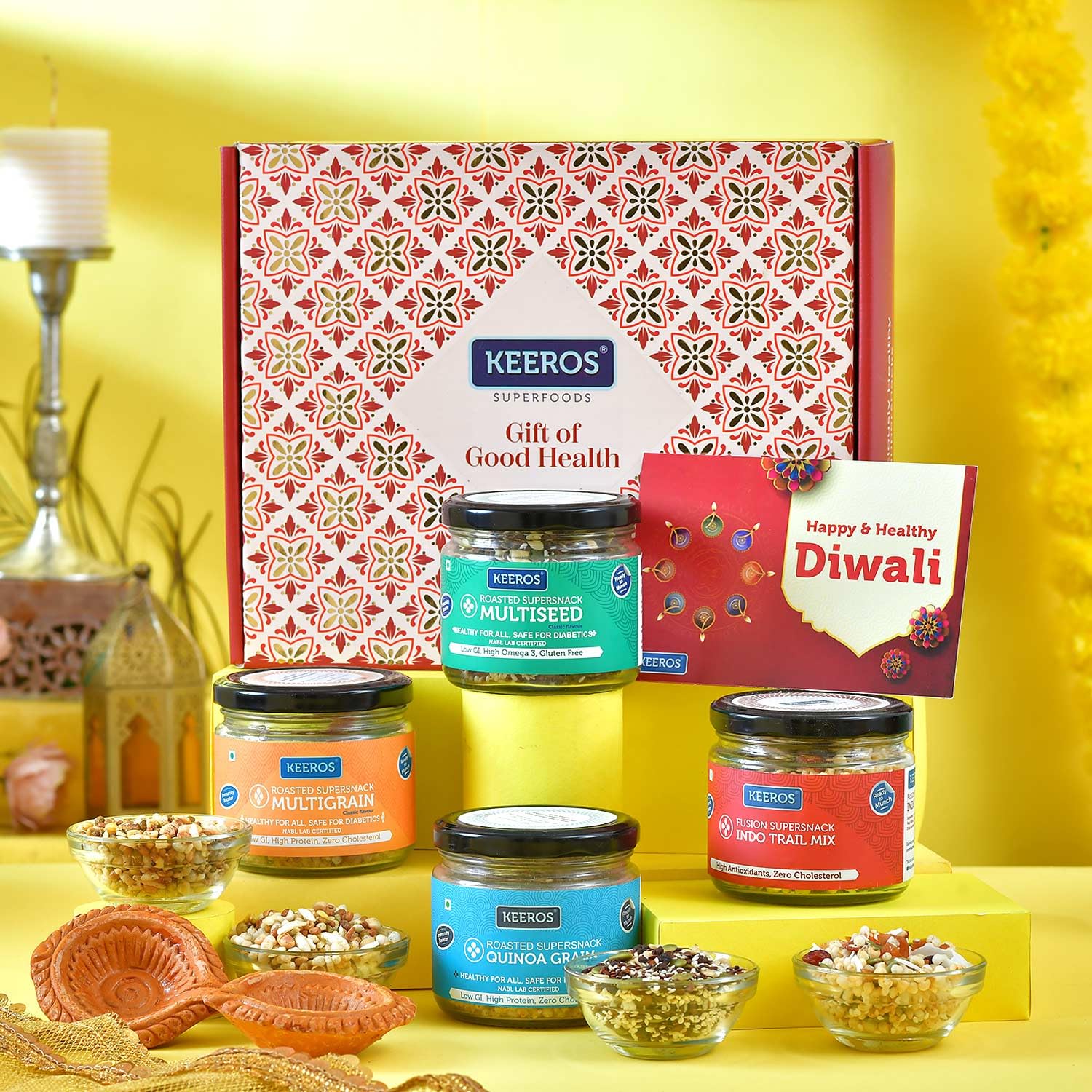 Keeros Healthy Diwali Gift Box with a Variety of Sweet & Salted, Tasty & Nutritious Super Snacks in Beautiful Glass Jars Packed in a Premium Gift Hamper | Diwali Corporate Gift for Employees & Clients-image-46