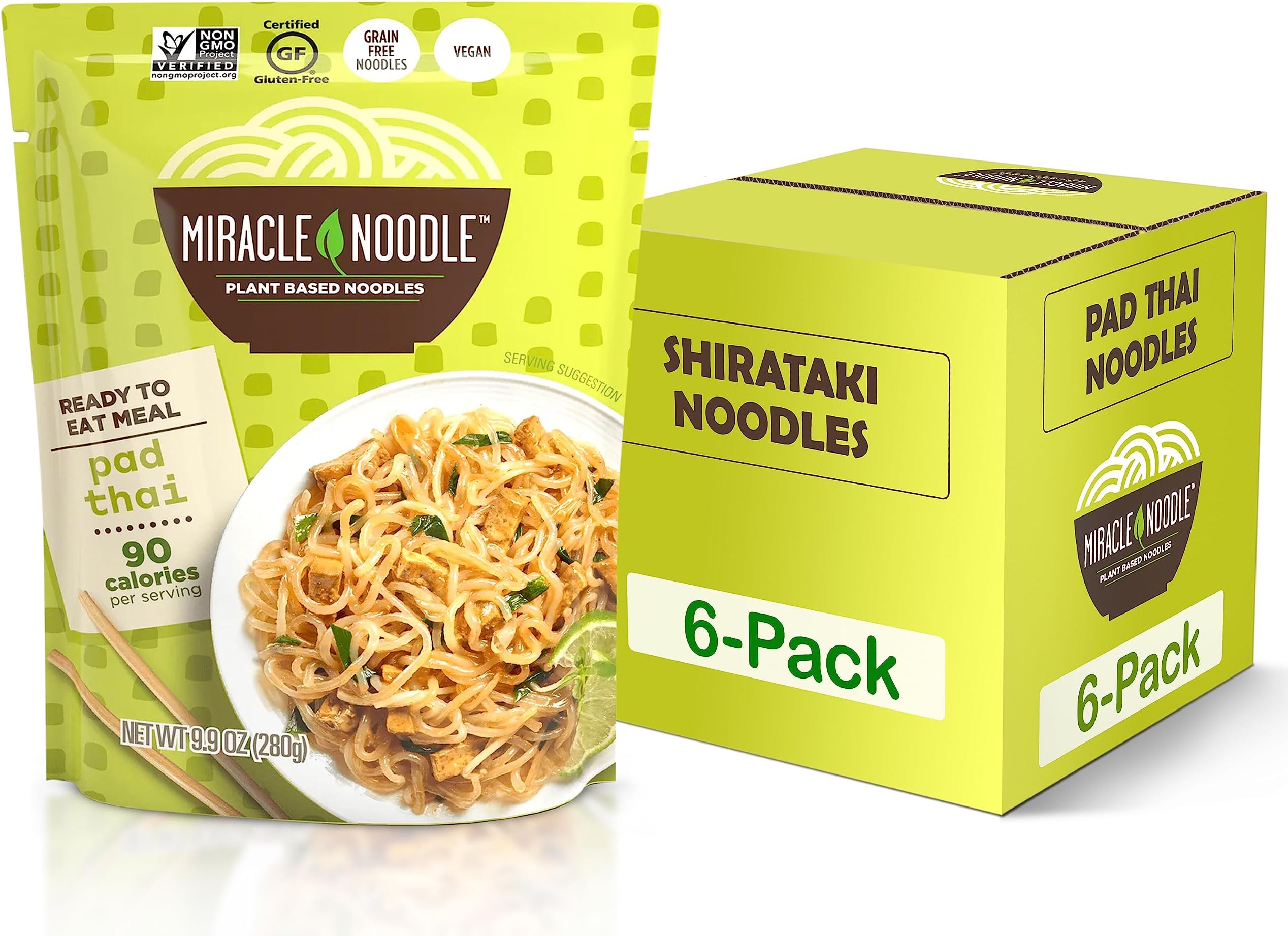 Miracle Noodle Pad Thai Ready To Eat Meal, 10 Oz (Pack of 6), Plant Based Shirataki Konjac Noodles, 90 Calories Per Serving, Low Carb, Gluten-Free