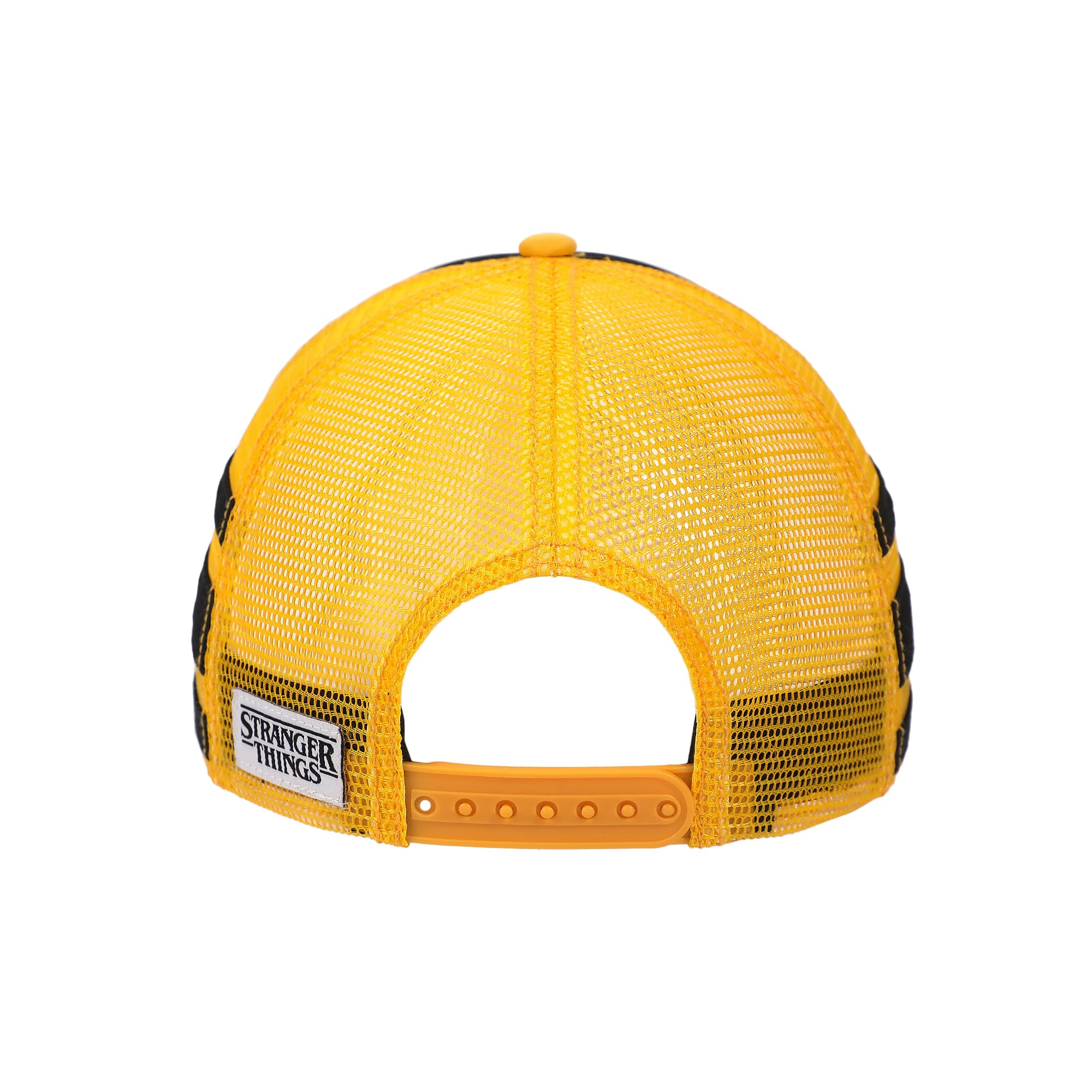 Gorra Stranger Things Dustin Henderson negra y amarilla de cosplay estilo trucker