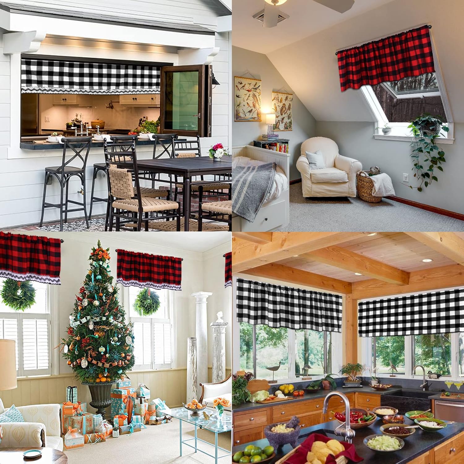 4 Pack Buffalo Plaid Valance,Black and Red Tier Curtain Valances,Farmhouse Design Window Treatment,Rod Pocket Window Curtain for Kitchen Bedroom Living Room Cafe Decor 56'' X 16''
