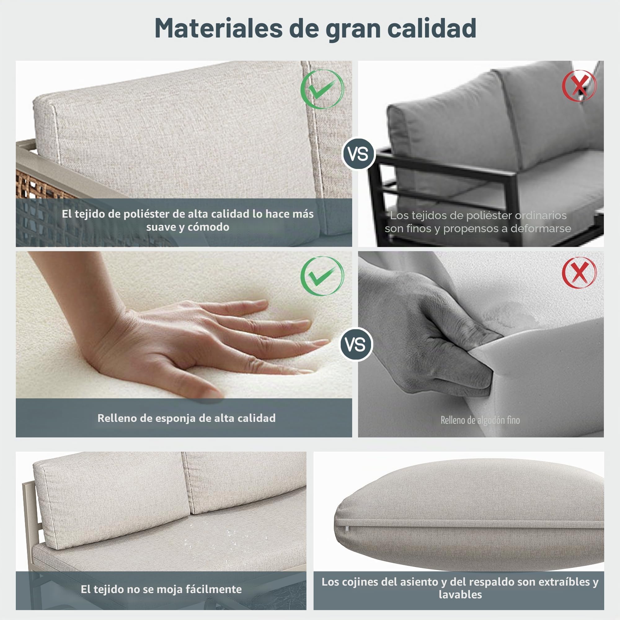 Conjunto de Muebles de Jardín Exterior 6 Piezas, Juego de Muebles de Jardín, Conjunto de Sofás de Exterior con 2 Sofá de 2 Plazas, 1 Sofá Esquinero, 2 Banco y 1 Mesa, Beige