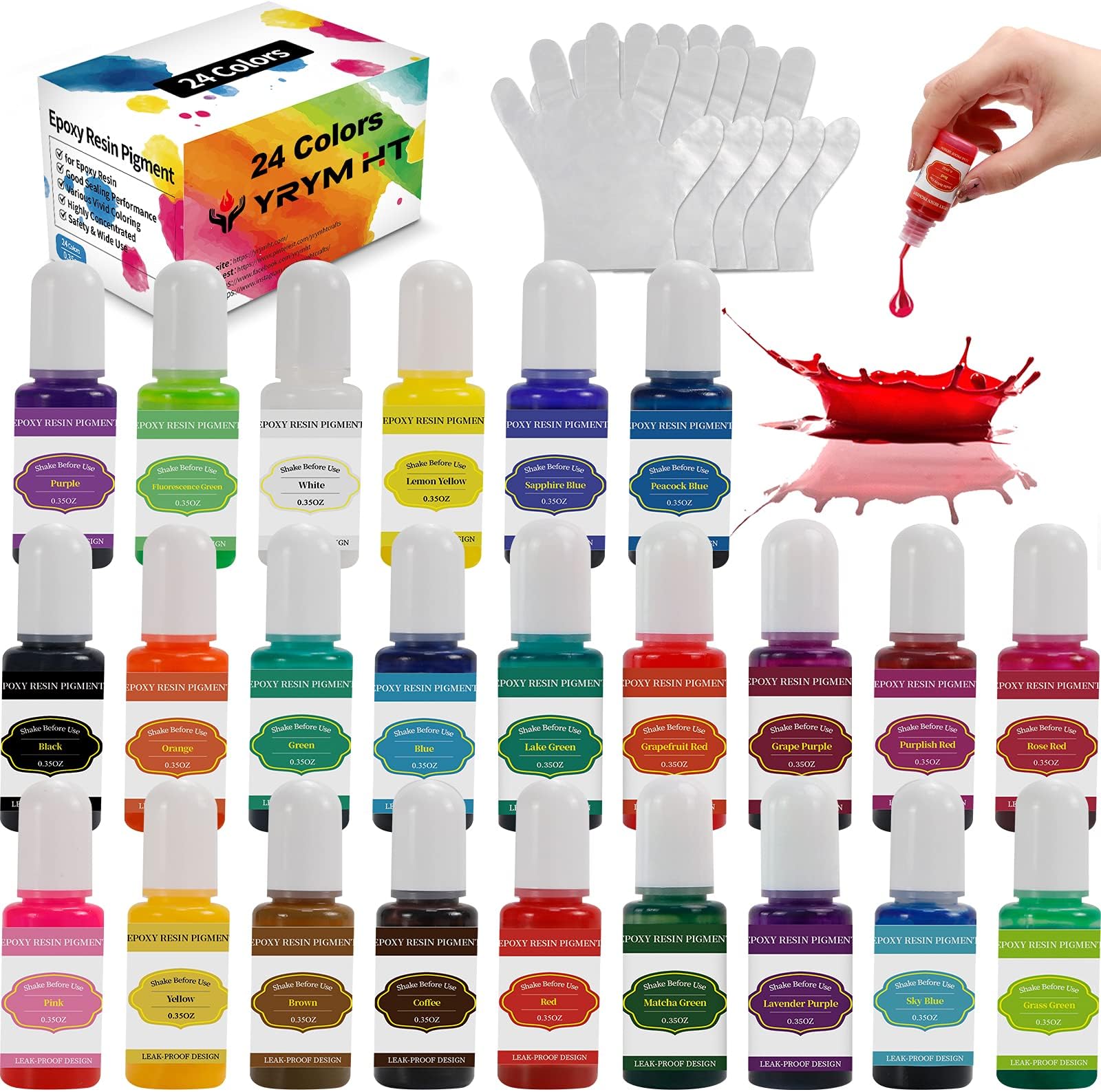 Epoxy Resin Pigment Liquid - 24 Colors Translucent Non-Toxic Epoxy Resin Dye for Resin Coloring, Resin Jewelry Making - High Concentrated Epoxy Resin Color Pigment for Art, Paint, Crafts - 0.35oz Each