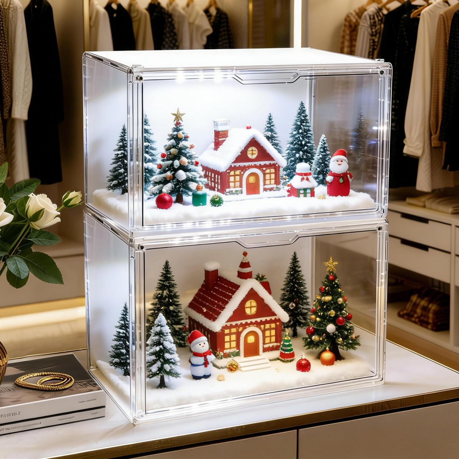 Transparente Stapelbare Aufbewahrungsschubladen mit Magnetischer Tür | 4 Pack Handtaschen Organizer mit LED, Handtaschen-Organizer für Schrank, Spielzeug-Organisation und Ausstellung L