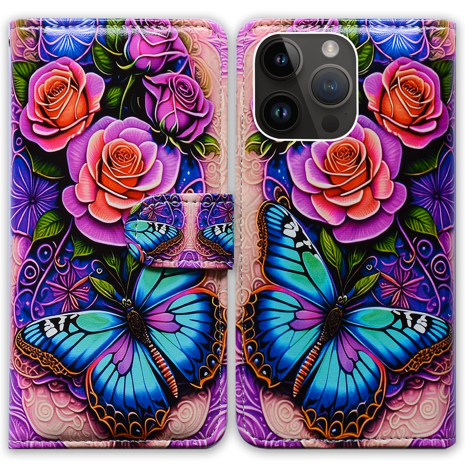 Bcov iPhone 15 Pro Max Case,Blue Butterfly Flowers Rose Leather Flip Phone Case Wallet Cover with Card Slot Holder Kickstand for iPhone 15 Pro Max