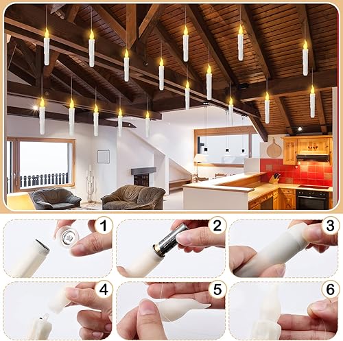 Miniatura 4 de 24 velas sin llama con control remoto, velas flotantes colgantes con pilas, velas cónicas blancas cálidas parpadeantes, decoraciones de Halloween