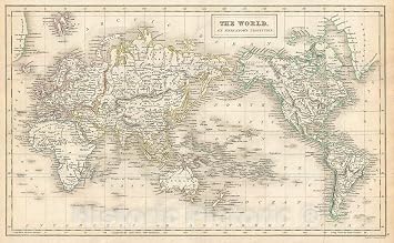 Historic Map Black Antique Map of The World on Mercators Projection, 1844, Vintage Wall Art 16in x 24in