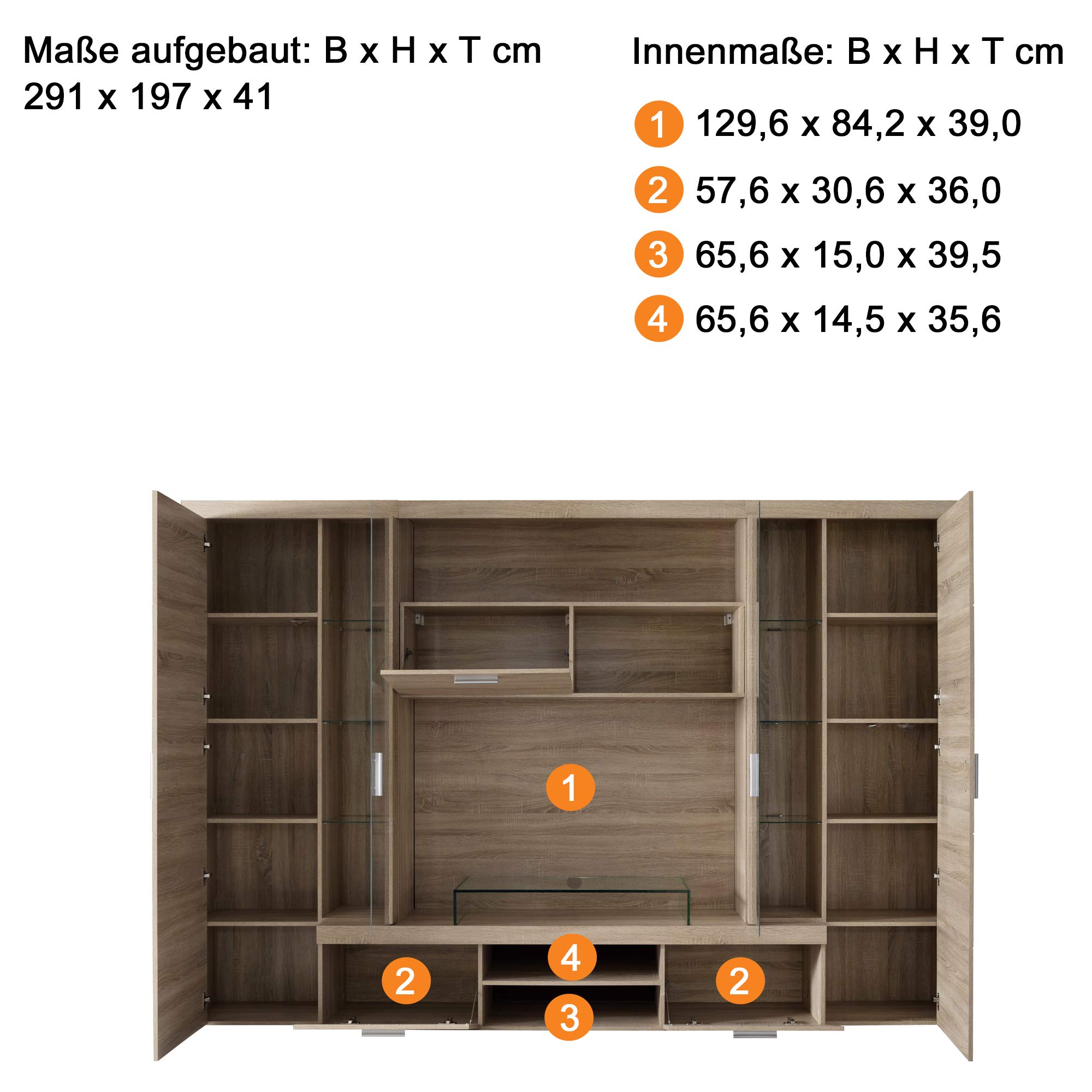 trendteam smart living - Mondeo - Wohnwand - Eiche - Anbauwand mit 4 Türen, 5 offenen Fächern, 3 Klappen und 7 Einlegeböden - (BxHxT) 291 x 197 x 41 cm -viel Stauraum für Ordnung.