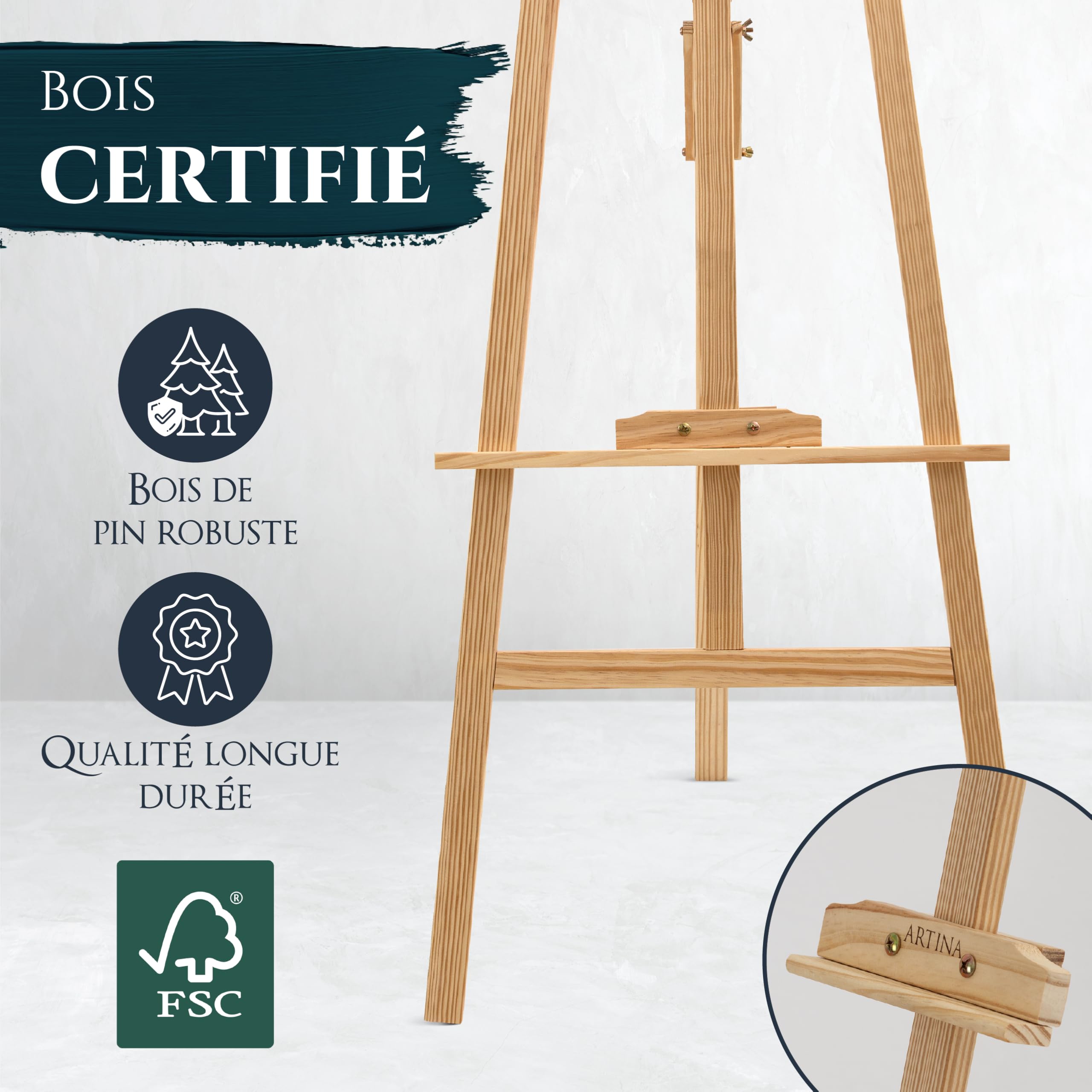 Artina 24 pcs kit peinture acrylique avec chevalet bois pour débutants | 150cm 5 toiles 8 couleurs 12ml pinceaux spatules palette coffret créatif enfants adultes réglable hauteur FSC set Corsica