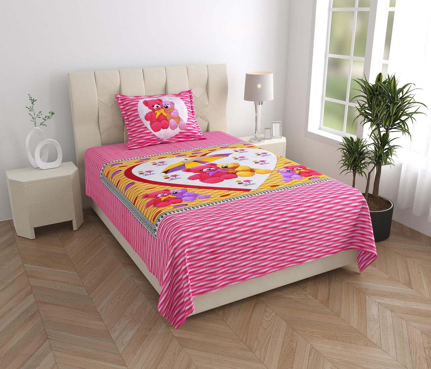 Kids Single Cotton BedSheet with Pillow Cover, Pink Teddy Bear Print | Cartoon Theme, Heart Print Design, Single Bed Set, Striped Background, Kids Bedroom Decor-image-1