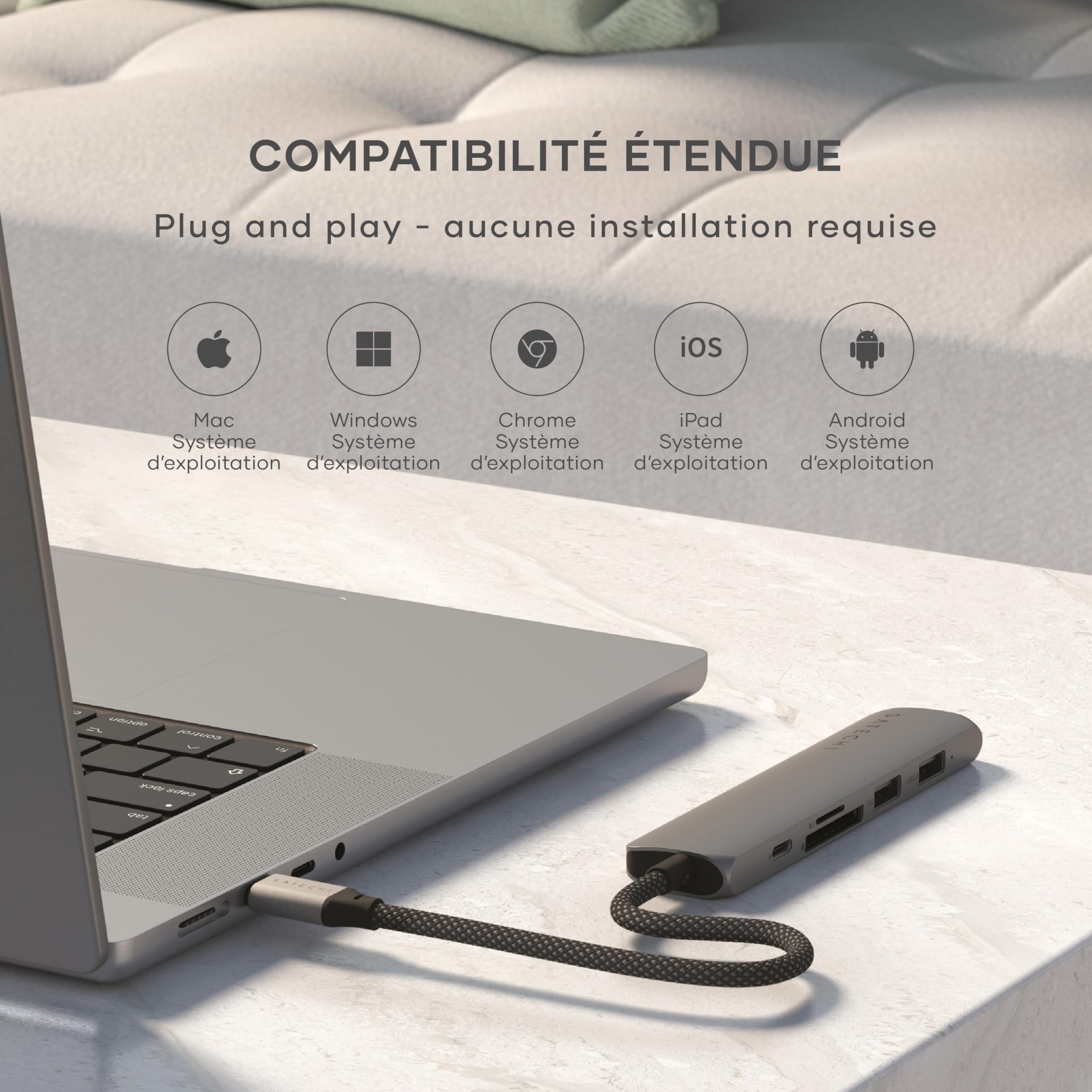 SATECHI Hub USB C 6 en 1 Slim Plus, PD 100W, HDMI 4K, Gris Sidéral | 2x Ports USB-A 10Gbps, vidéo 4K@60Hz, lecteurs SD/microSD, pour MacBook Air/Pro/Neo, Windows et plus