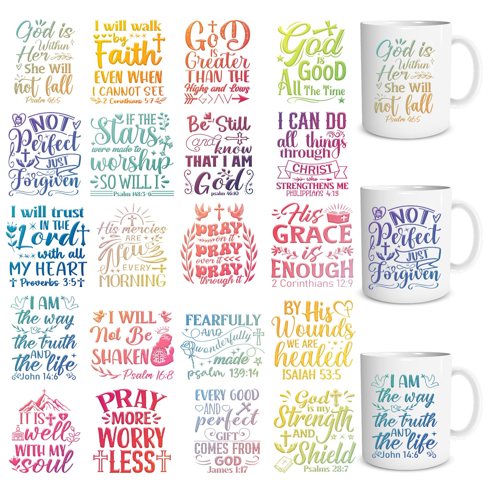 Rngmsi UV DTF Cup Wrap - 20 Sheets Bible Verse UV DTF Cup Wraps for 16 oz, Inspirational Uvdtf Decals, Chrisitan Faith Stickers, Waterproof Colorful