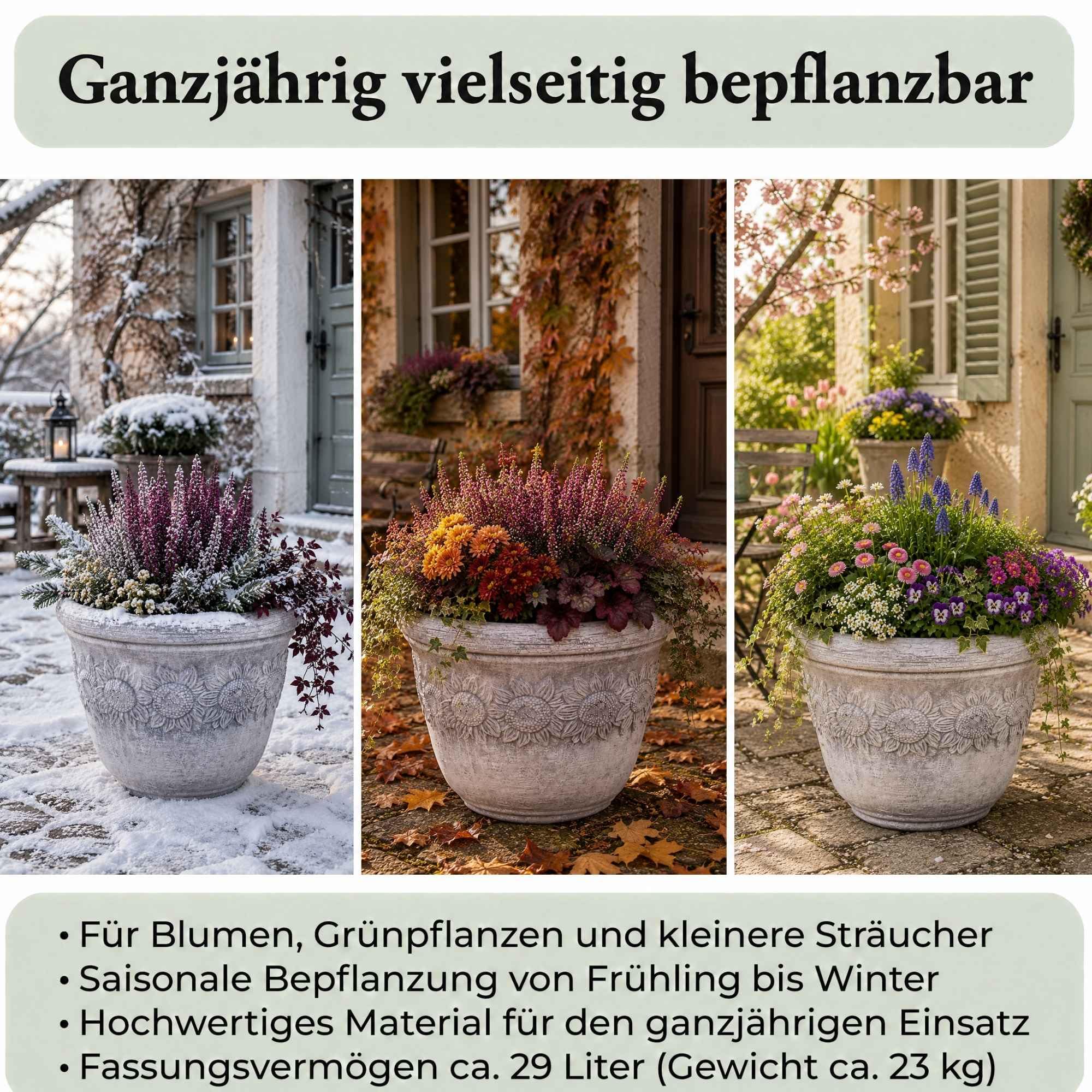 gartendekoparadies.de Donica na rośliny doniczka z motywem słonecznika, rozmiar XL, wysokość 35 cm, szerokość 45 cm, Ø wewnętrzna 38 cm, 29 litrów, szara, waga 23 kg, wykonana z odlewu kamiennego, odporna na mróz
