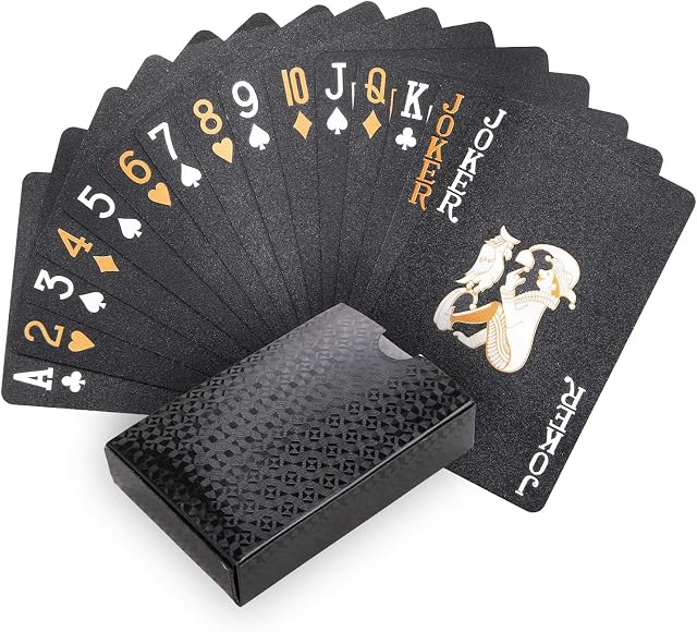Joyoldelf Cool Black Playing Cards, Gold Foil Waterproof Deck of Cards with Gift Box, Magic Poker Cards, Perfect for Party and Game (Painted Version)